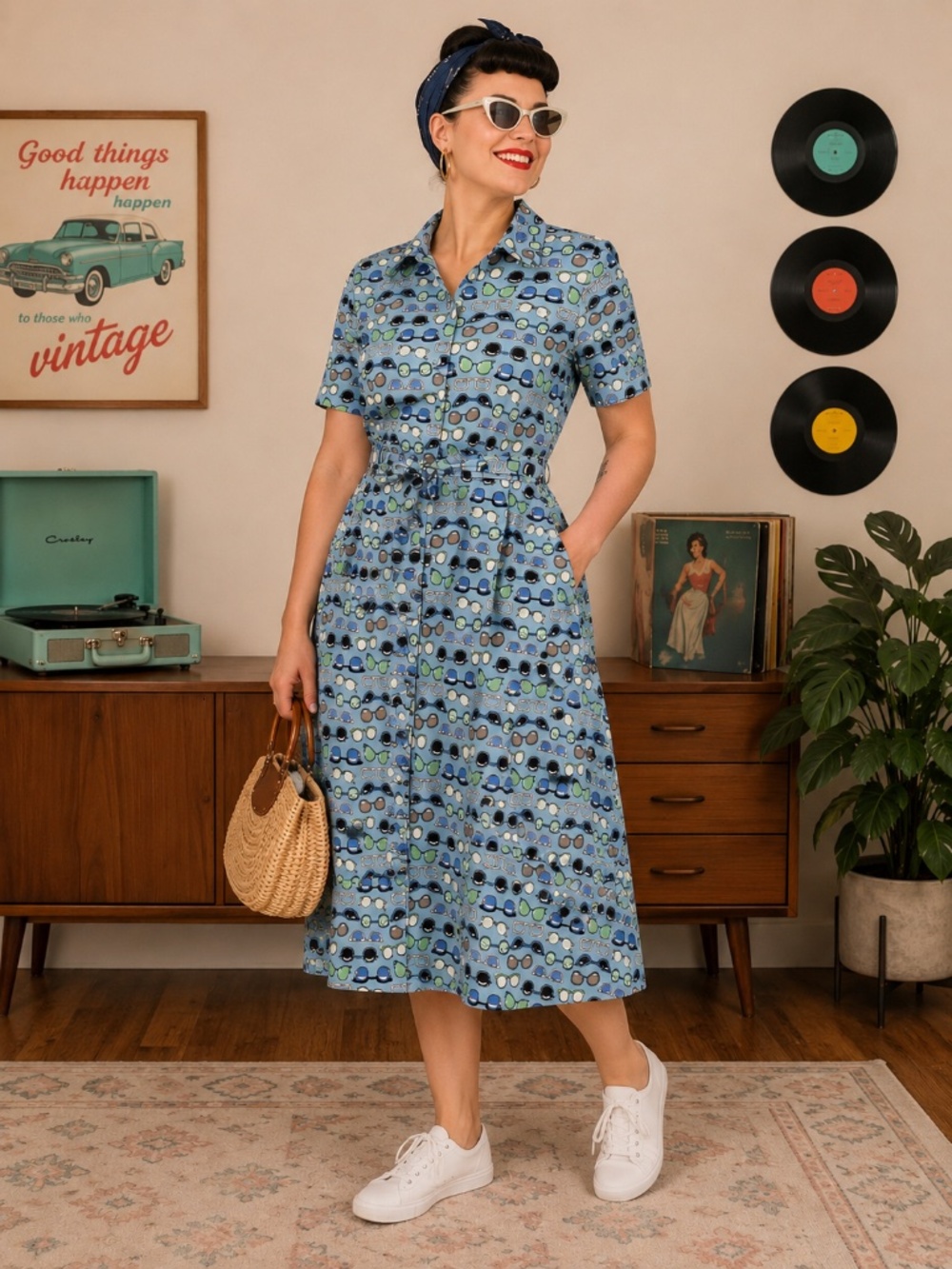 Studio Park Shirt Dress Womens XS Blue Pockets Sunglasses Print Retro Rockabilly